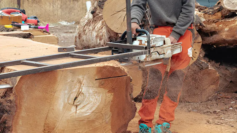 Close-up of a chainsaw blade partially buried in a tree trunk during cutting.
