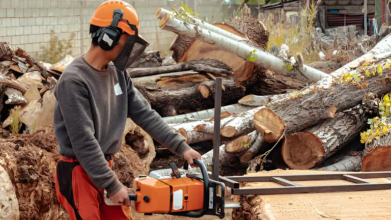 Worker operating a chainsaw to mill a large log on a metallic frame.
