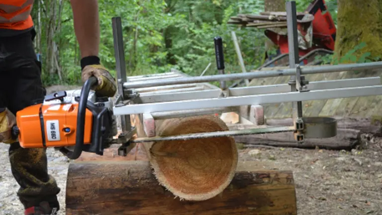 A worker using a bright orange chainsaw mounted on a guide system to precisely cut a log in a forested area, with sawdust scattering from the intense cutting action.