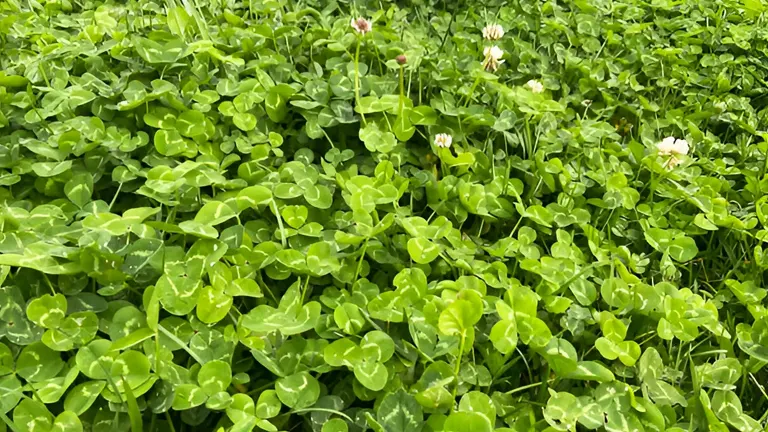 Dense clover patch with green leaves and a few white flowers.
