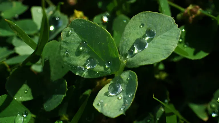 Close-up of dewdrops on the leaves of clover plants.
