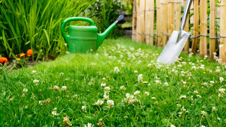 Watering can and a shovel on a clover-covered lawn with a wooden fence in the background.
