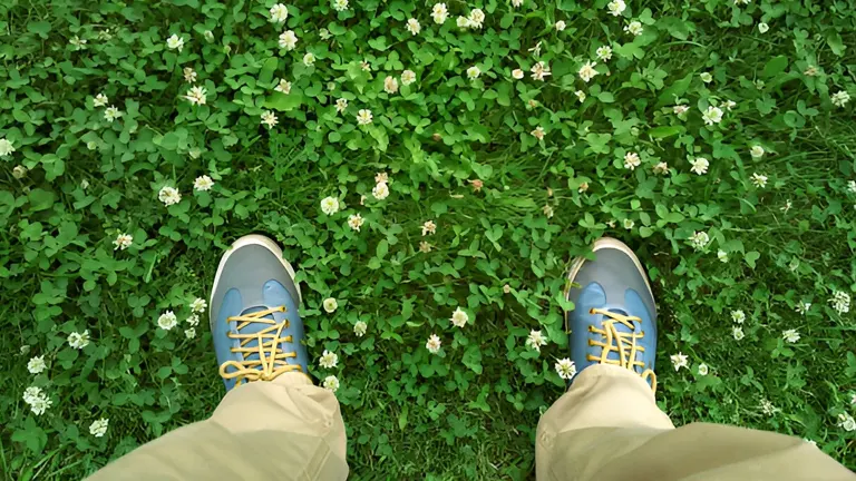 Top view of a person standing on a lush lawn scattered with clover and flowers.
