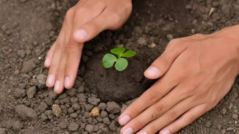 Hands planting a small green clover sprout in loose, rocky soil.