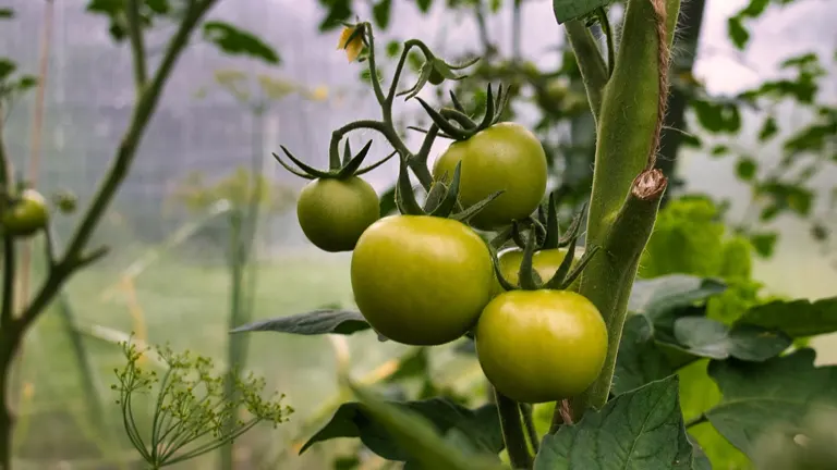 Cluster of green tomatoes growing on a vine in a greenhouse.