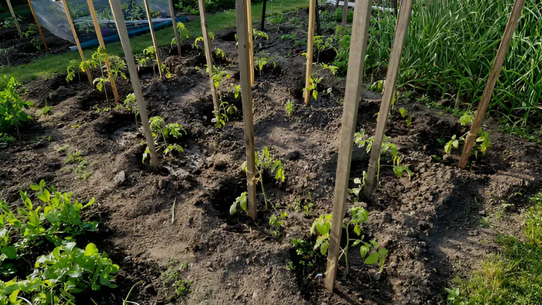 Tomato plants supported by wooden stakes in a garden bed.