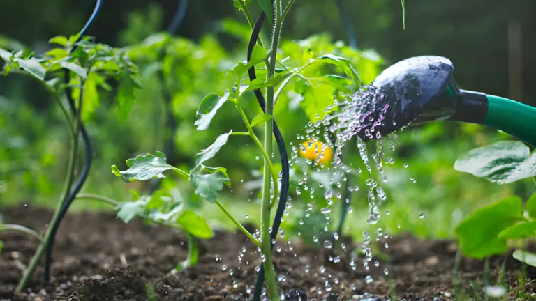 Watering tomato plants at the base with a garden hose.
