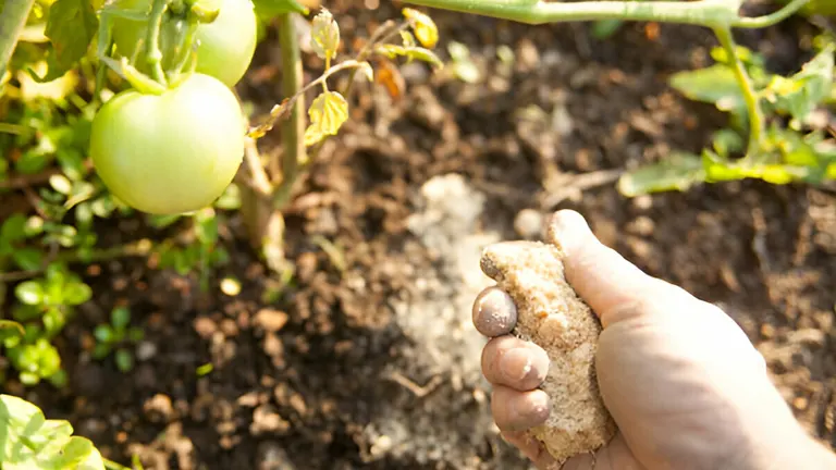 Hand holding fertilizer near the base of tomato plants.