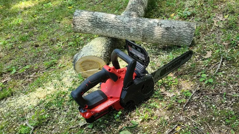 Craftsman 20V Chainsaw sitting on the grass beside two logs that have already been cut.