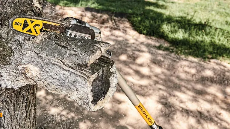 DeWalt DCPS620M1 pole saw in action, cutting through a thick branch on a tree, with sawdust flying and a blurred background emphasizing the motion.