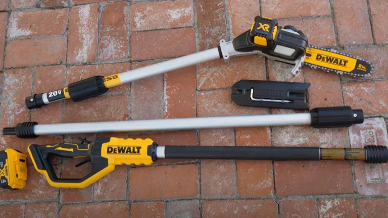 DeWalt DCPS620M1 pole saws disassembled into parts on a brick surface, showing motor units, extension poles, and cutting heads.