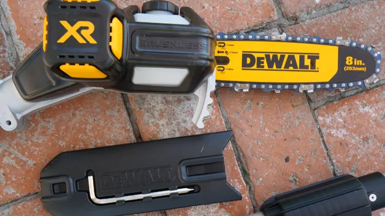 Disassembled DeWalt DCPS620M1 brushless pole saw on a brick surface, including the motor, an 8-inch chain, blade cover, and handle.