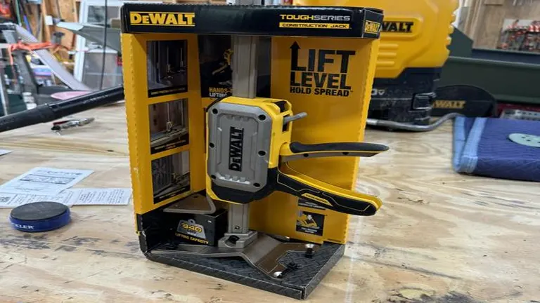 DeWalt ToughSeries Construction Jack displayed in packaging on a workshop table, highlighting its compact design and easy storage features.