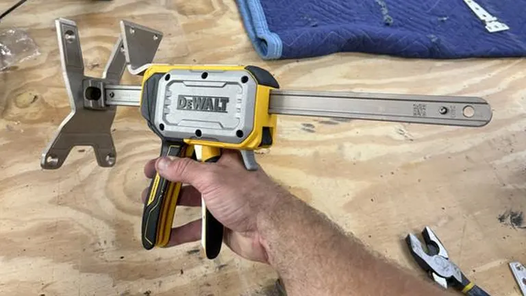 Close-up of the DeWalt ToughSeries Construction Jack being held by a user, showcasing the ergonomically designed grip and metal lifting arm.
