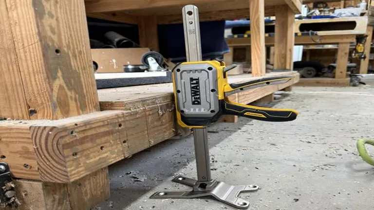 DeWalt ToughSeries Construction Jack positioned under a wooden frame, illustrating its use in lifting and stabilizing construction materials.