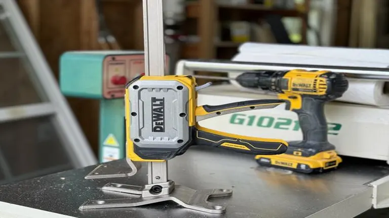 DeWalt ToughSeries Construction Jack supporting a heavy object next to other DeWalt tools, emphasizing its strength and utility in heavy lifting tasks.