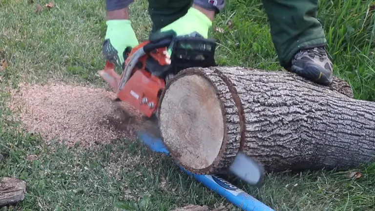 Person cutting big log using ECHO CS-501P