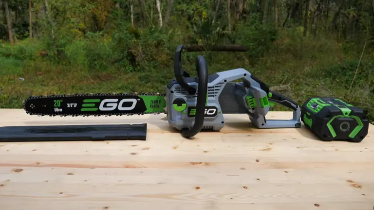 EGO CS2000 20-inch 56-volt cordless chainsaw displayed on a wooden surface, featuring a detached battery and guide bar alongside the main chainsaw unit, set against a natural backdrop.