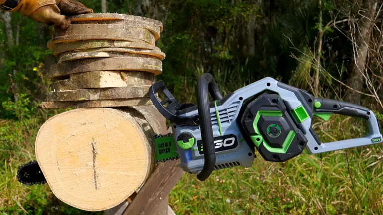 EGO CS2000 20-Inch Chainsaw cutting through log with cookie log 