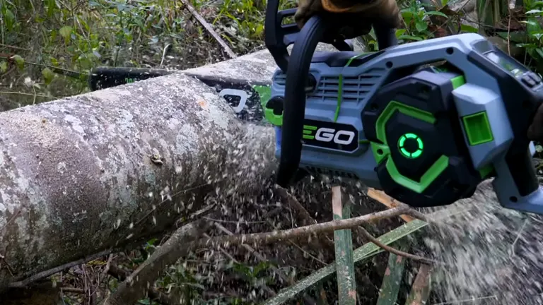  EGO CS2000 electric chainsaw actively cutting through a large fallen log