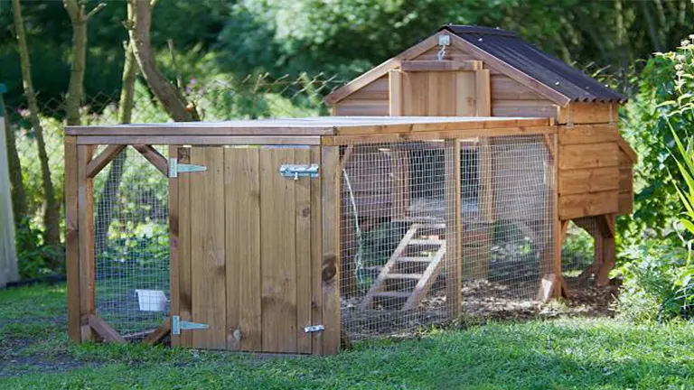 A wooden chicken coop with an extended run, covered by a wire mesh and supported by wooden beams.
