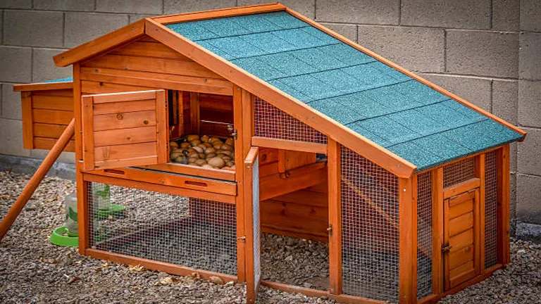 A small, elevated wooden chicken coop with an accessible nesting area, enclosed by a wire mesh fence.
