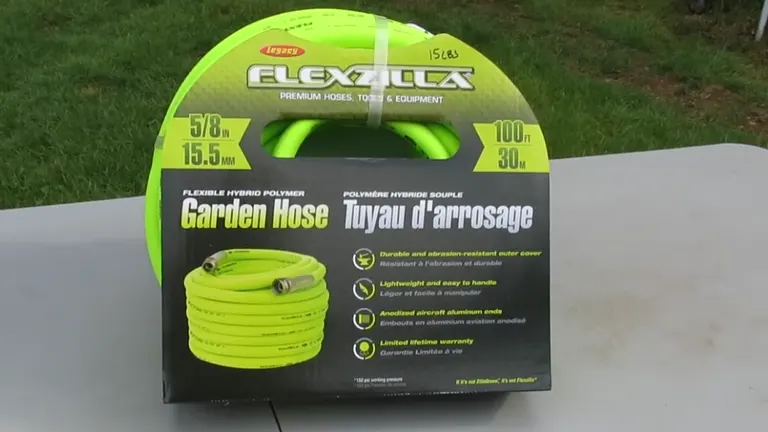 Flexzilla garden hose packaging with product features listed on a label.