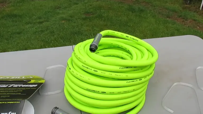 Coiled Flexzilla garden hose on a table, highlighting its bright green color.