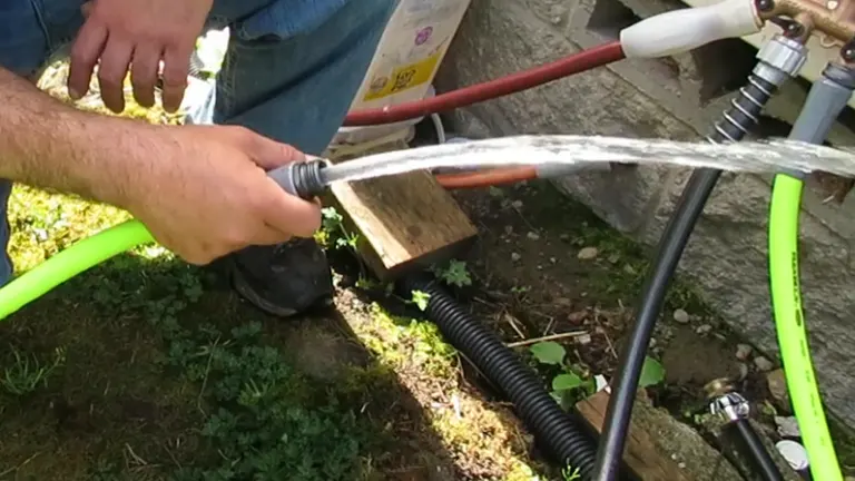Water flowing through a Flexzilla garden hose attached to a spigot, demonstrating its use.