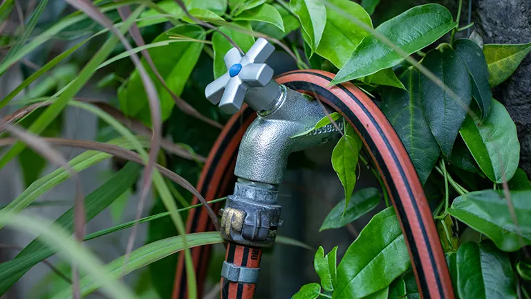Garden hose coiled around a tap with a multi-outlet splitter, nestled among green foliage.