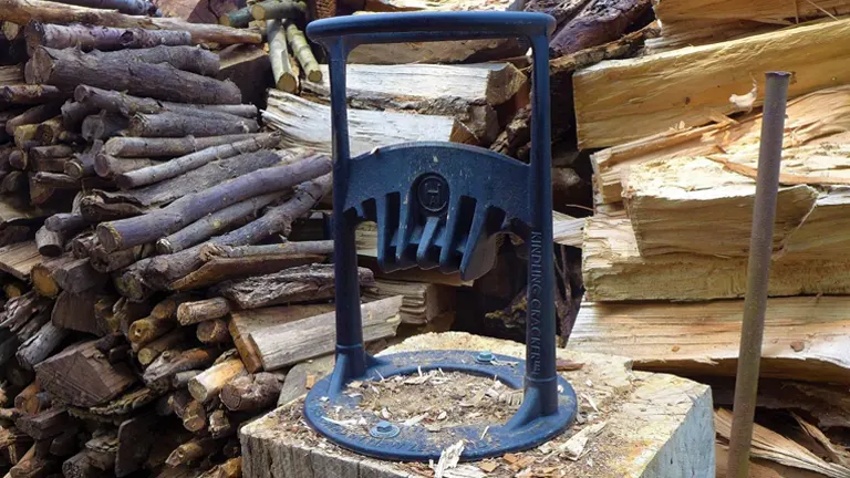 Kindling Cracker Firewood Splitter and sledgehammer by a woodpile.