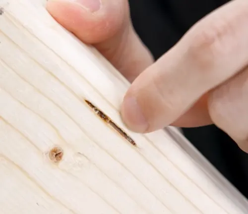 A finger pointing at a sap pocket on a piece of wood, illustrating a potential defect that can affect the wood's appearance and finishing.