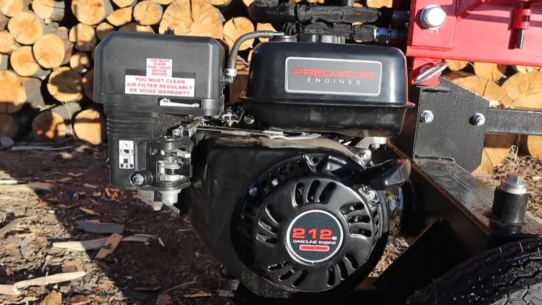 Close-up view of a Predator engine on a red log splitter, highlighting the 212cc label and air filter.
