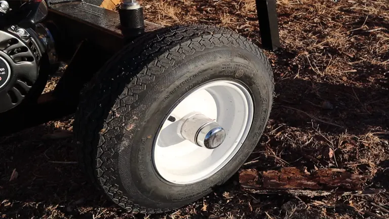 Close-up of a log splitter's tire, showing the tread detail and white wheel.
