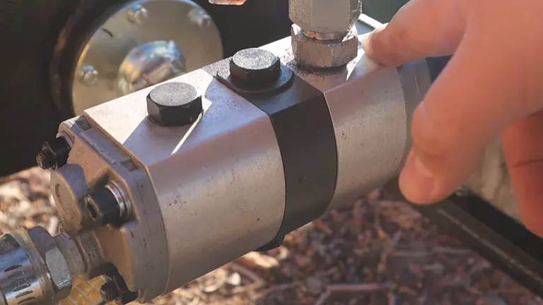 Detailed image of a hydraulic cylinder on a log splitter, focusing on the silver metal and connection bolts.
