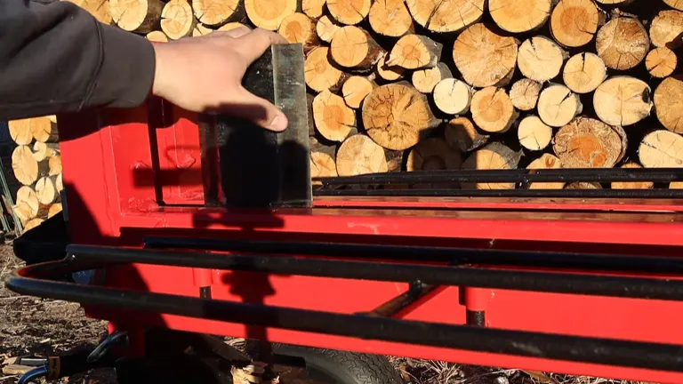 Man using a log splitter outdoors, placing a log onto the red splitter's beam.
