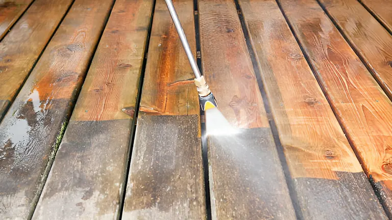 Person using Pressure Washer in the wood deck