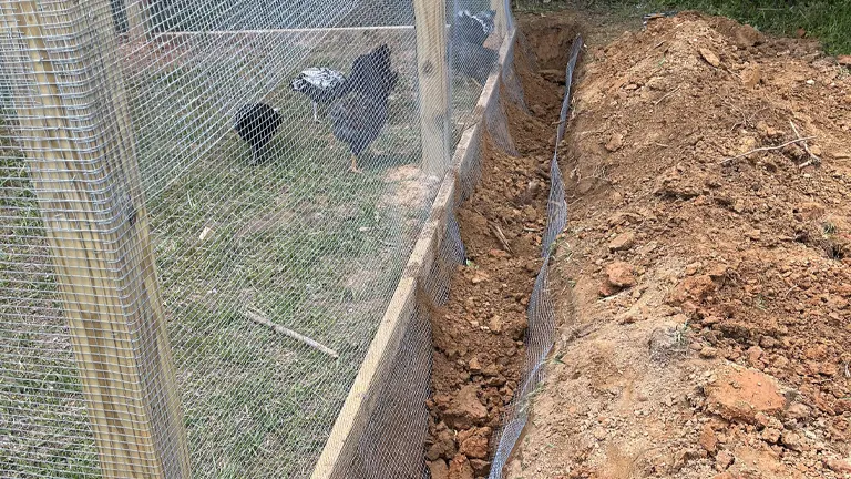 A trench along a chicken coop's perimeter for predator protection.