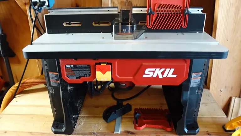  Front view of the SKIL SRT1039 Router Table in a workshop setting, featuring a grey tabletop, red featherboards, and integrated storage compartments.