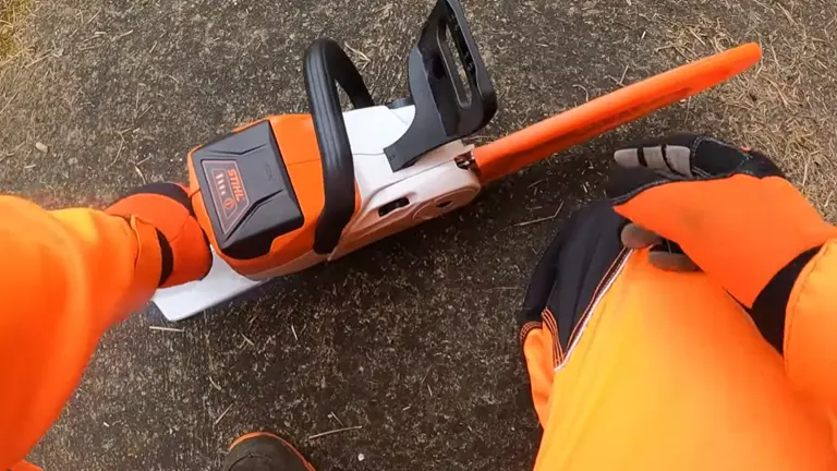Person with PPE holding STIHL MSA 70 C-B Cordless Chainsaw