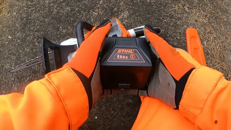 Person holding the battery of STIHL MSA 70 C-B Cordless Chainsaw