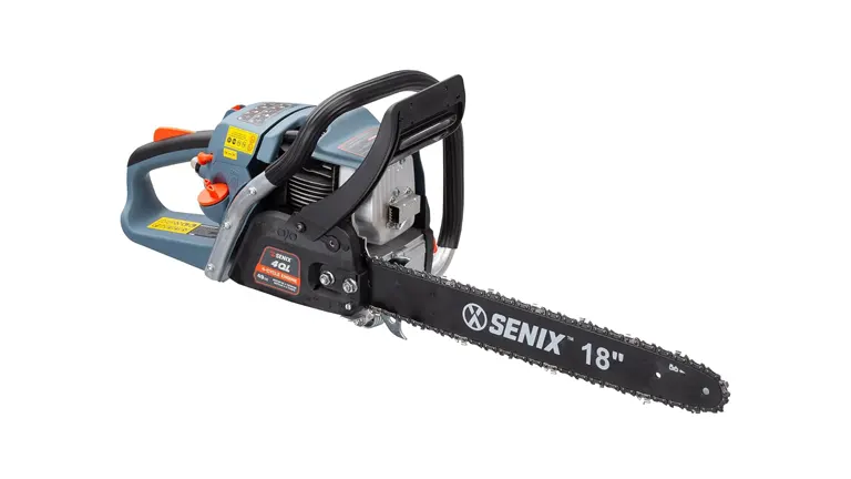 Senix 4QL 18-Inch 49 cc 4-Cycle Gas Powered Chainsaw on a white background