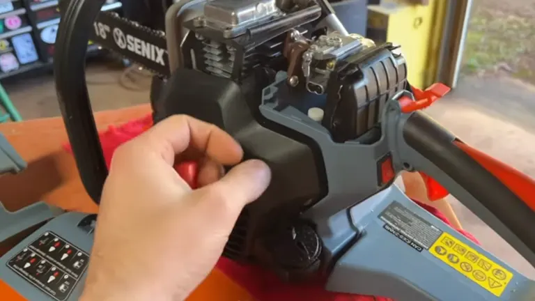 Close-up of a person's hand pulling the starter handle on a Senix chainsaw.