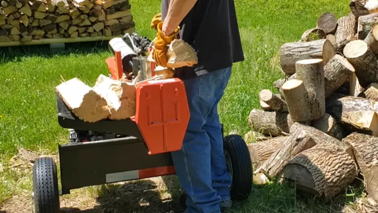 Person loading a large piece of wood onto a black and red log splitter in a grassy area.