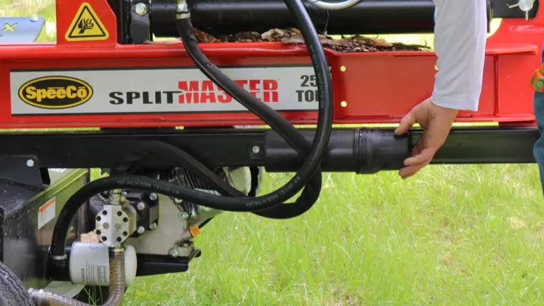 Close-up of a person's hand operating the hydraulic controls on a red SpeeCo log splitter.
