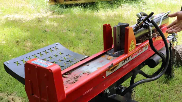 Red log splitter with a prominent safety warning label and metal protection grid.