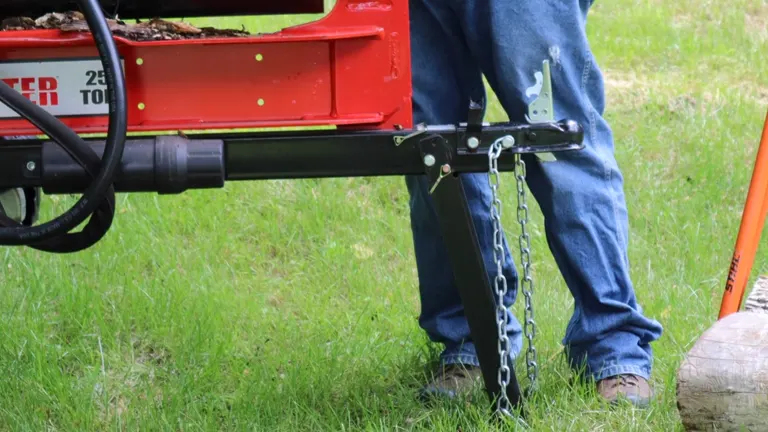 Detailed view of the trailer hitch and chains on a SpeeCo log splitter.