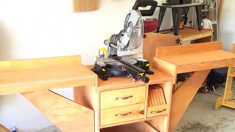 A stationary mitre station setup with a miter saw mounted on a custom-built wooden workstation, featuring drawers and extended wings for outfeed support.