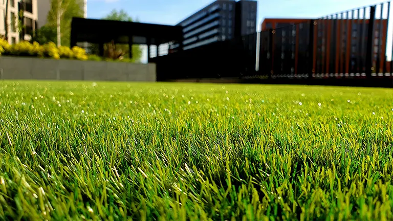 Lush green lawn with modern buildings in the background.
