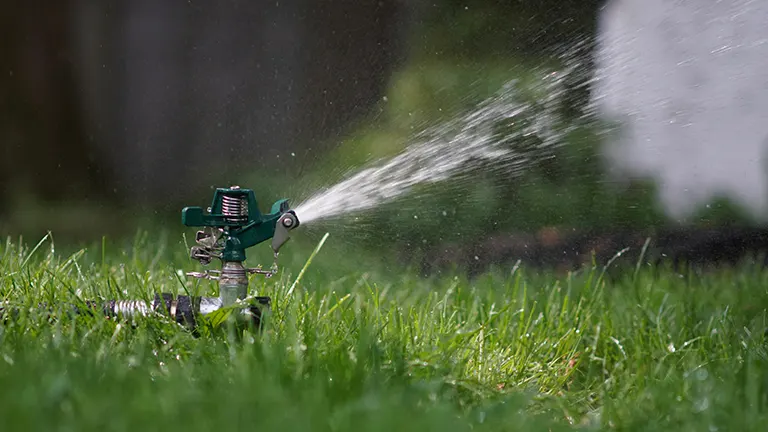 Sprinkler watering a lush green lawn.
